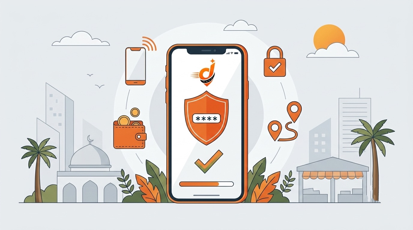 Codes à 4 chiffres et paiement mobile : des transactions sécurisées à Conakry Illustration : écran de téléphone affichant un bouclier et un code à quatre chiffres, entouré d'un portefeuille et d'un cadenas
