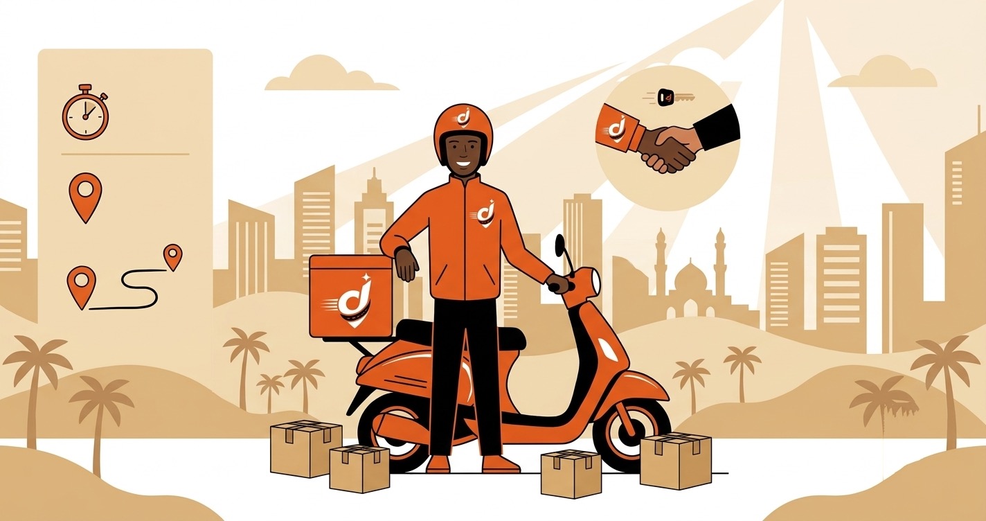 Devenir livreur moto à Conakry : statut indépendant ou flotte Delivrou Illustration : livreur Delivrou en tenue orange devant son scooter, colis et poignée de main symbolisant le partenariat