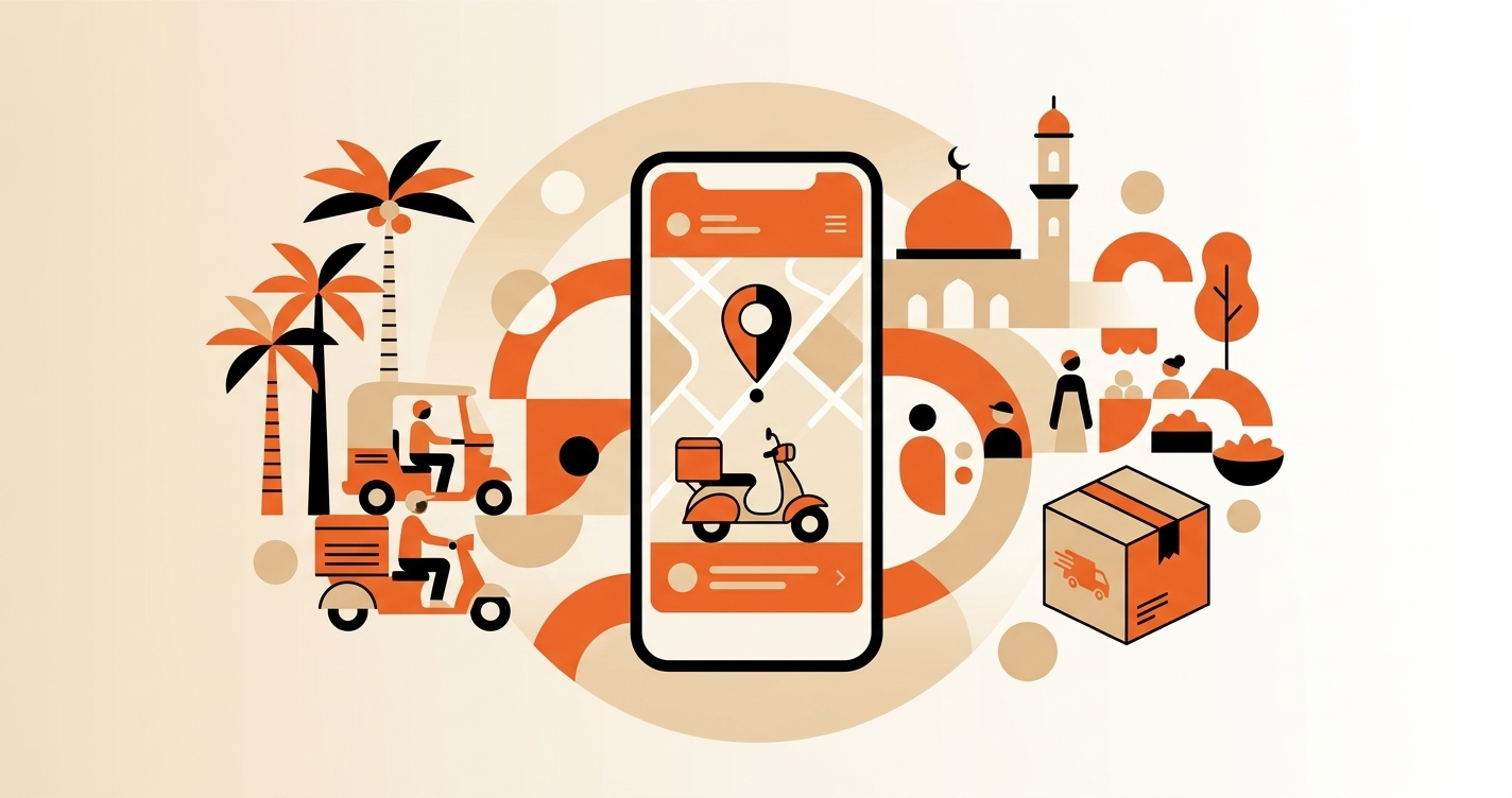 Choisir son application de livraison à Conakry : rapidité, sécurité et couverture des quartiers Illustration : smartphone affichant une application de livraison au centre d'une scène urbaine de Conakry avec scooters, colis et marché