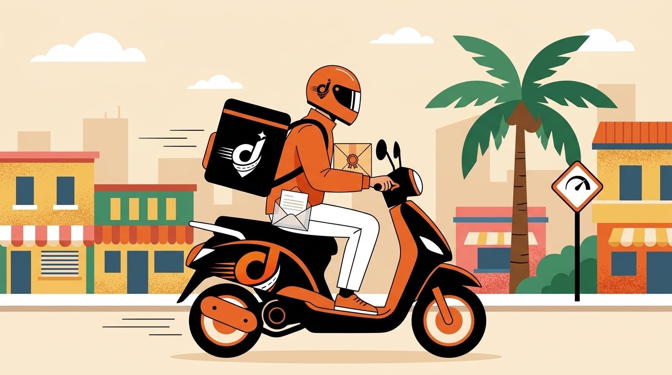Un coursier en ville pour vos documents et colis à Conakry Illustration : coursier Delivrou à moto transportant une enveloppe et un sac de livraison dans une rue de Conakry
