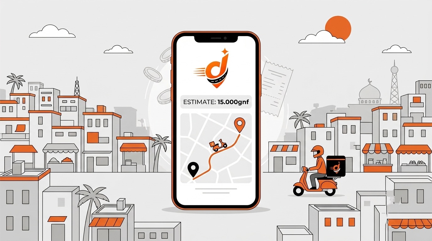 Illustration : téléphone affichant une estimation de prix de livraison en francs guinéens avec un itinéraire sur la carte de Conakry