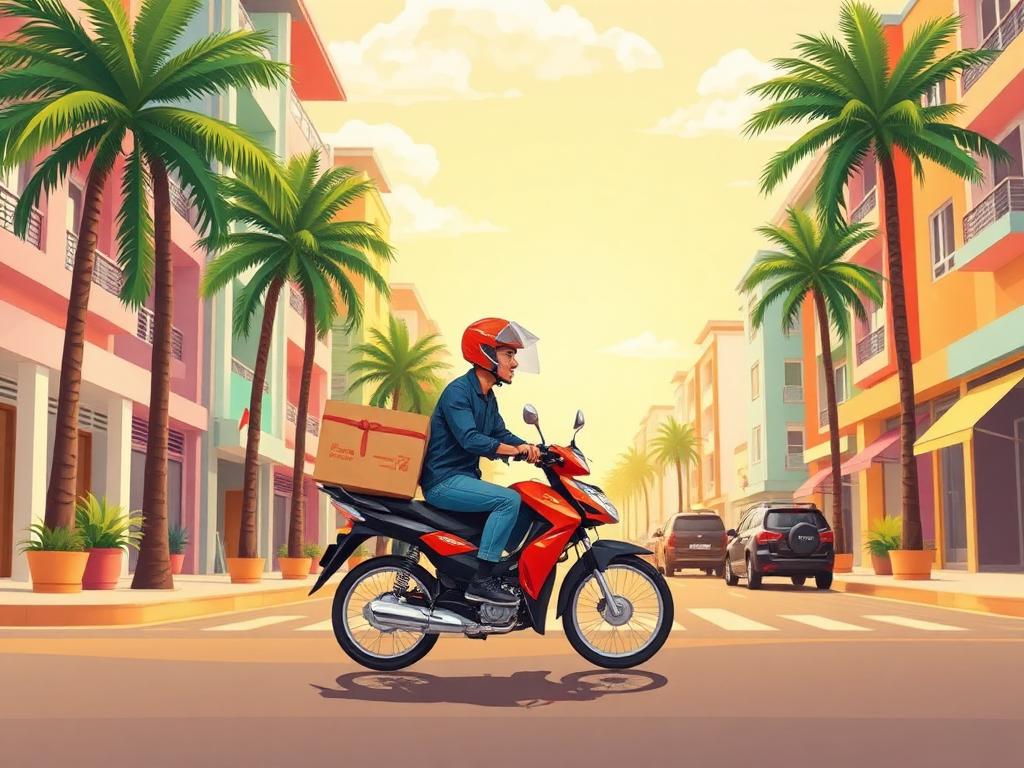 Livreur Delivrou transportant un colis à moto dans une rue de Conakry