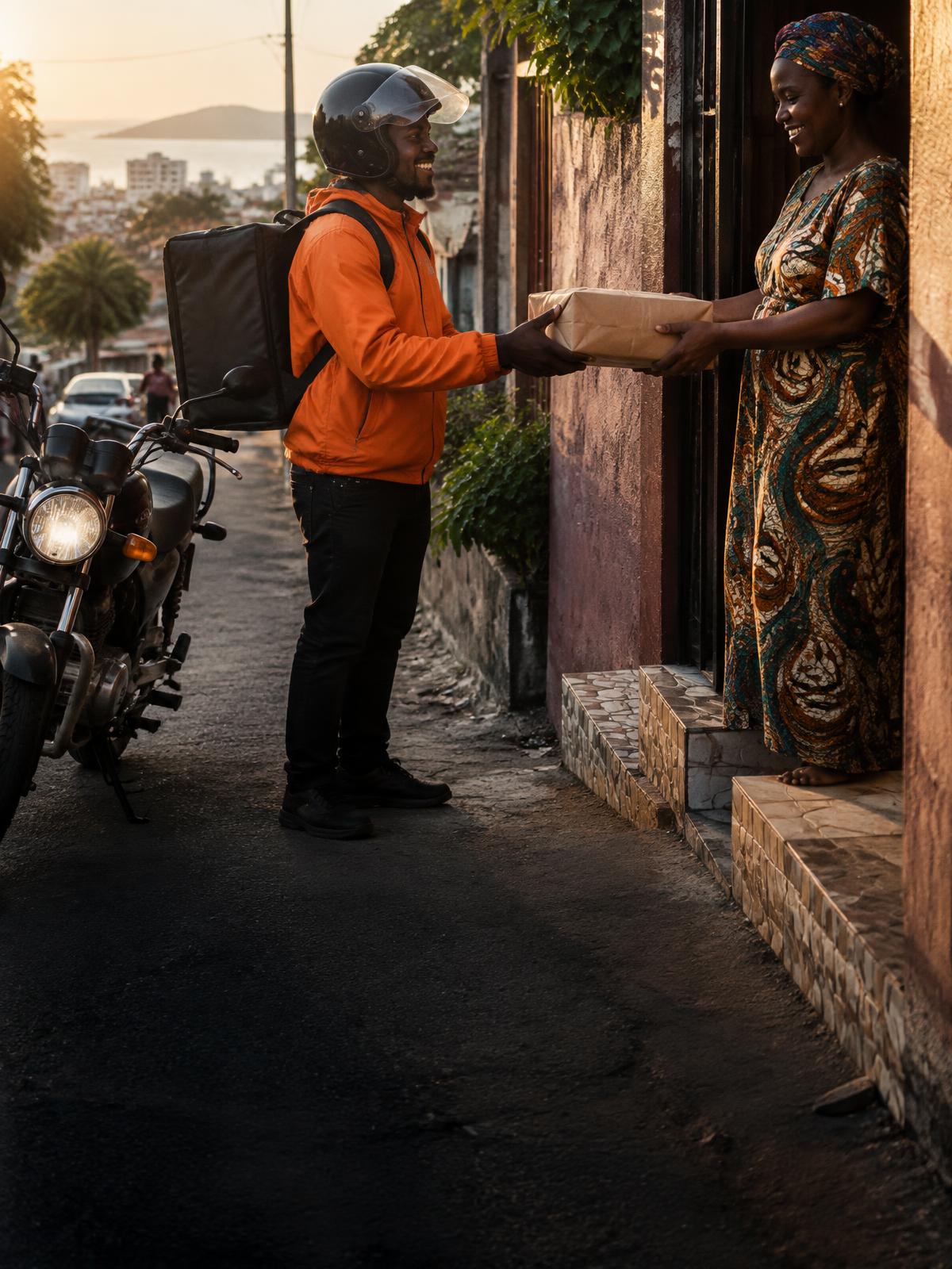 Un livreur Delivrou remet un colis à une cliente à Conakry